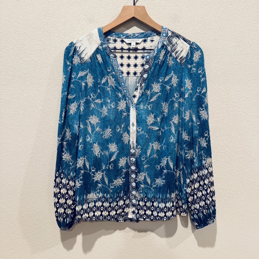 LIVERPOOL Womens Blouse Boho Mixed Print Ikat Floral Peasant Top Small